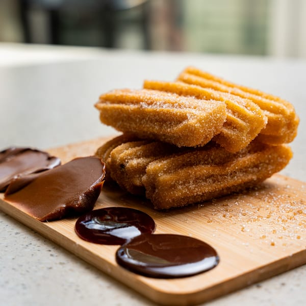 Sugar-dusted churros and chocolate dipping sauces on a wooden board at Crepes & Churros D'France.