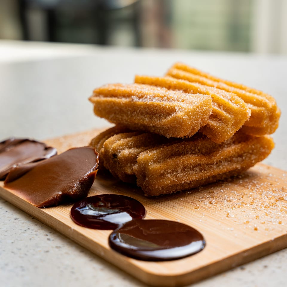 Sugar-dusted churros and chocolate dipping sauces on a wooden board at Crepes & Churros D'France.